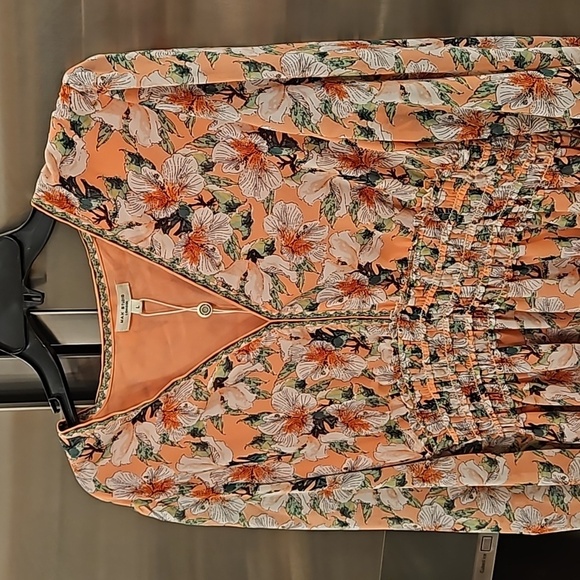 MAX STUDIO Geometric Floral Print Smocked Waist Dress Coral Green Hibiscus L NWT - Picture 3 of 12